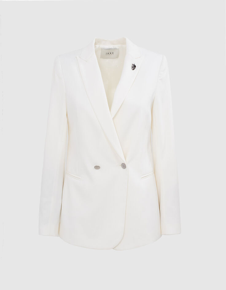 Veste tailleur longue en tencel blanc cassé femme-1