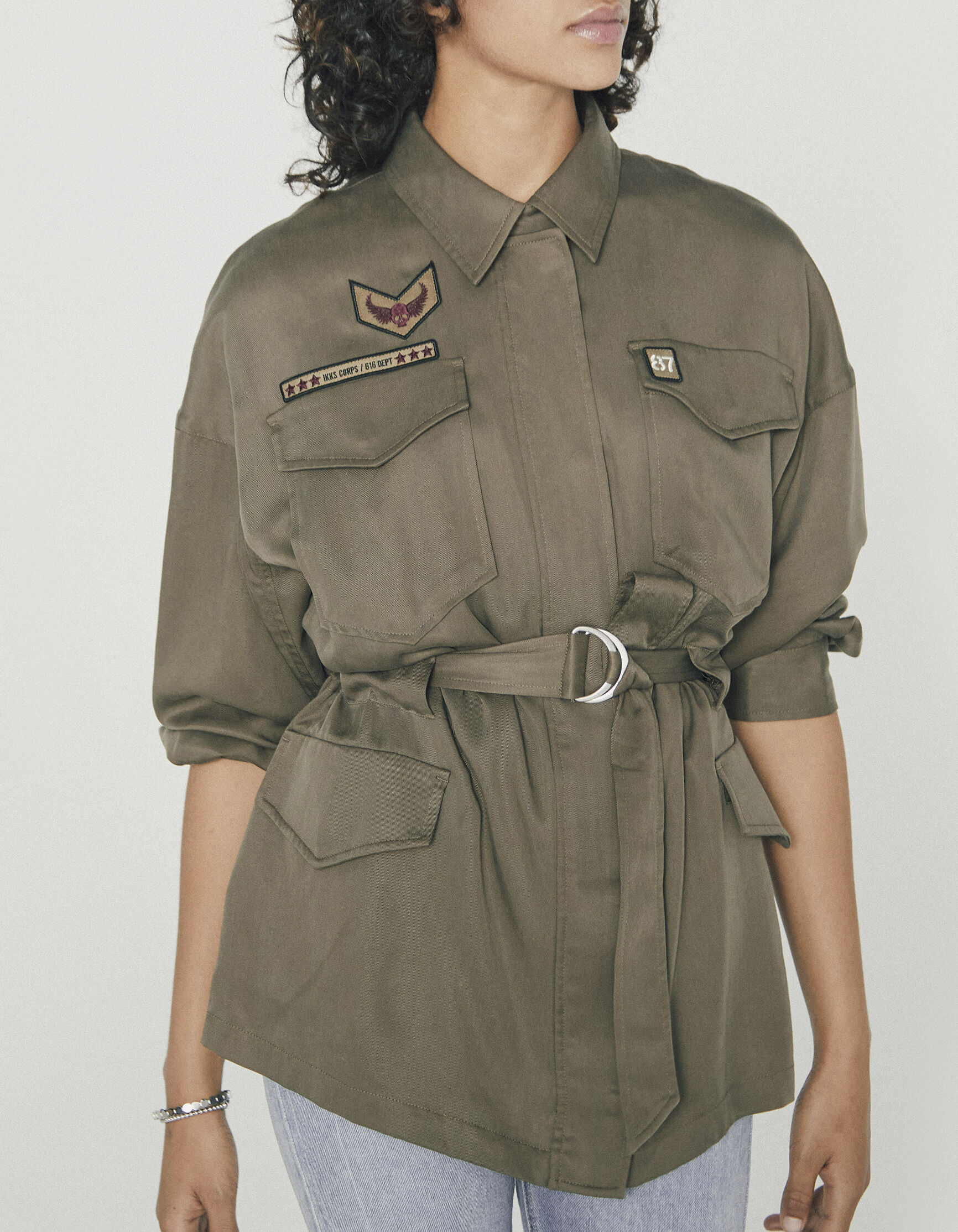 Women s khaki tencel safari jacket army badges and belt