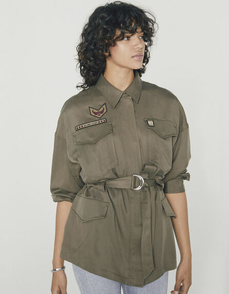 Women’s khaki tencel safari jacket, army badges and belt