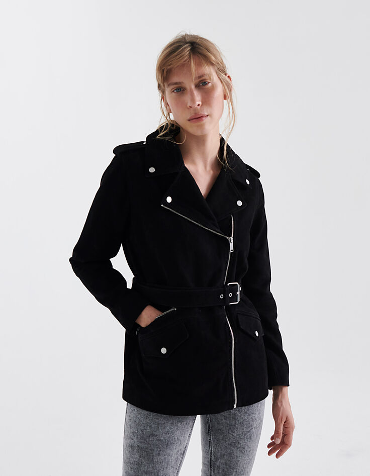 Blouson oversize long noir chèvre velours femme-1