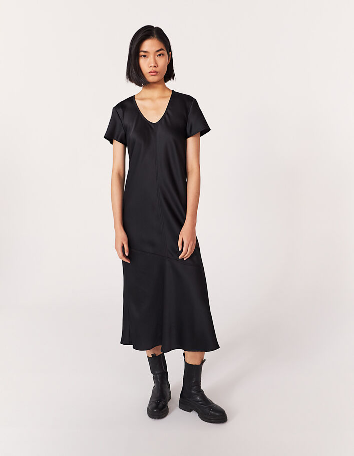Women’s black short-sleeve midi dress with ruffled hem - IKKS