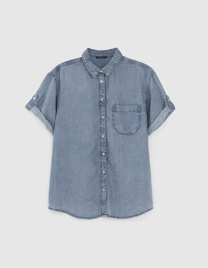 Women’s faded-look blue Tencel shirt with chest pocket - IKKS