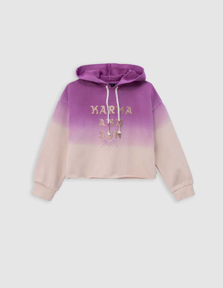 Sweat à capuche violet effet deep dye à message fille-3