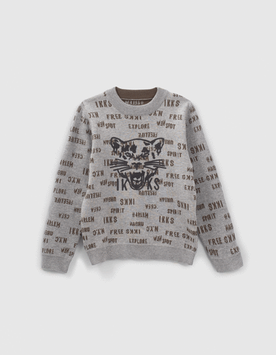 Pull réversible gris et kaki jacquard typo garçon - IKKS