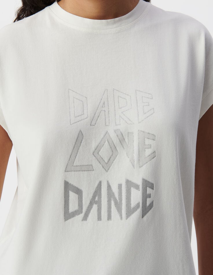 Tee-shirt col rond blanc message contours paillet&eacute;s-4