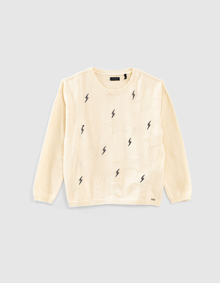 Girls’ ecru knit sweater + star motif/lightning embroidery-1 Girls’ ecru knit sweater + star motif/lightning embroidery-1
