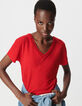 Tee-shirt rouge tressage encolure V Femme-5