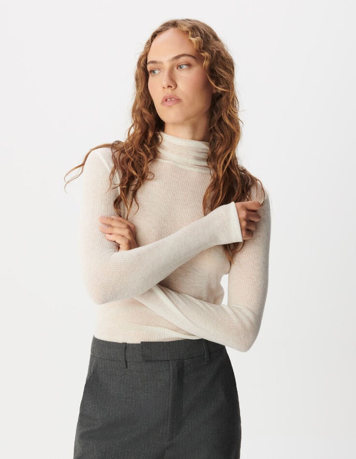 Pull col roul&eacute; blanc tricot fin c&ocirc;tel&eacute; 100% laine Femme-3