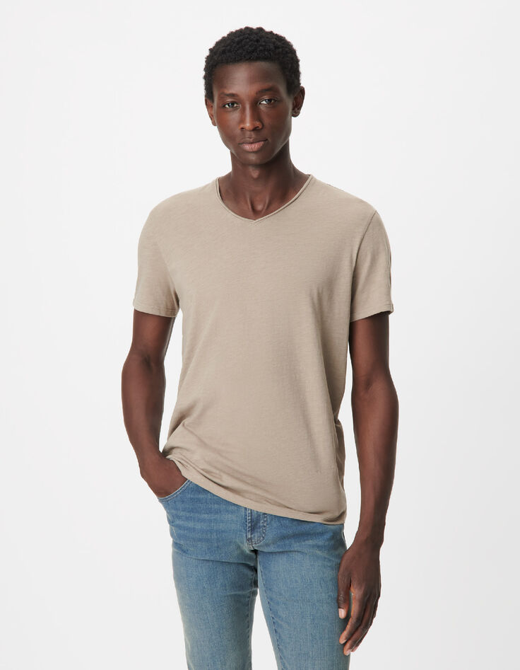 T-shirt encolure V beige coton bio flamm&eacute; Homme-5
