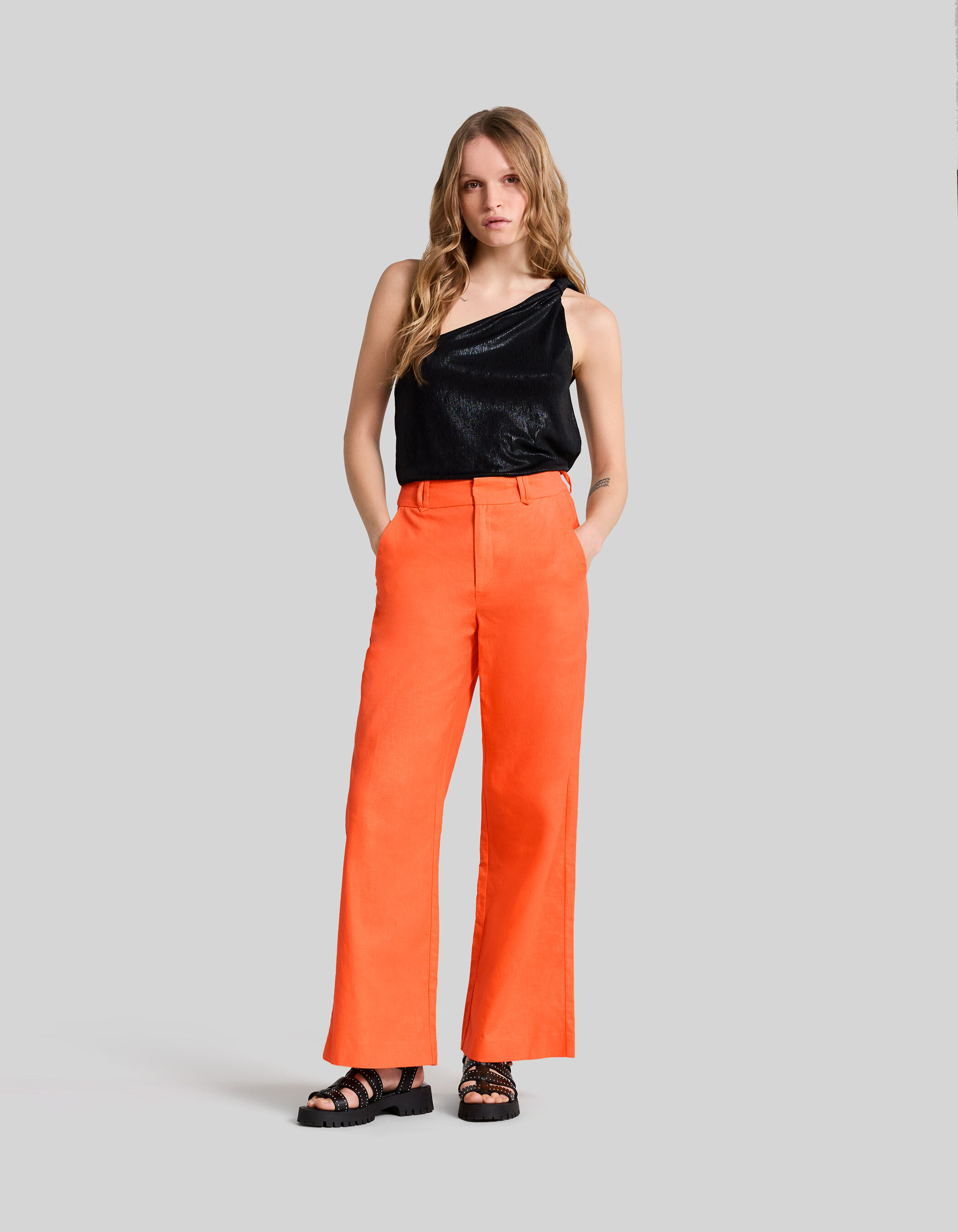 Pantalon de traje naranja algodon lino mujer IKKS