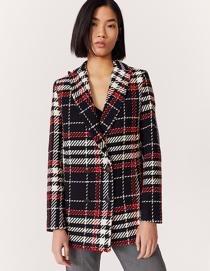 Manteau à carreaux en coton double boutonnage femme-1