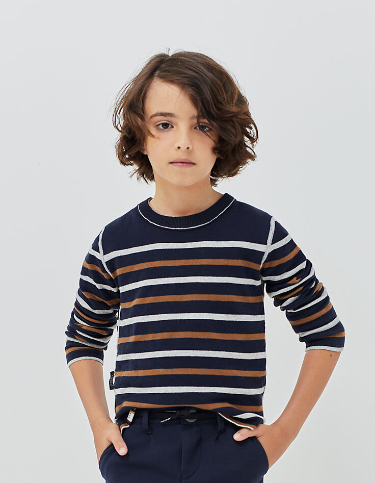 Omkeerbare trui navy en grijs, cognac strepen -7