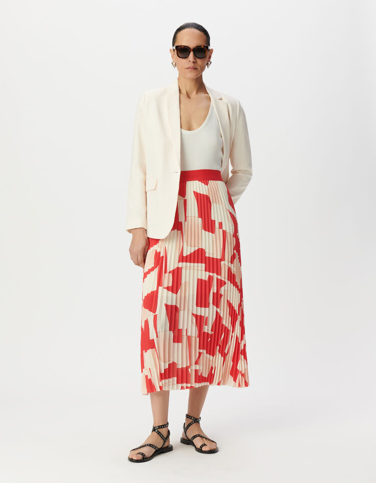 Roter, plissierter, geometrisch bedruckter langer Rock für Damen-1