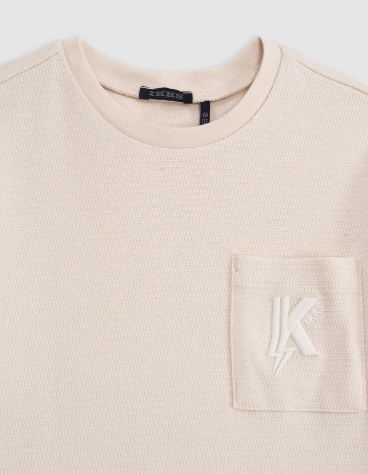 Beiges Jacquard-Jungen-T-Shirt mit gestickter Tasche-4
