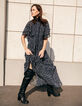 Women’s navy polka dot print long dress with draped collar-1