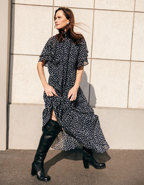 Women’s navy polka dot print long dress with draped collar - IKKS