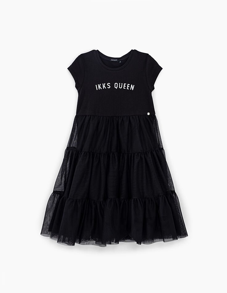 Girls' black mixed fabric dress with tulle skirt-2 Girls' black mixed fabric dress with tulle skirt-2