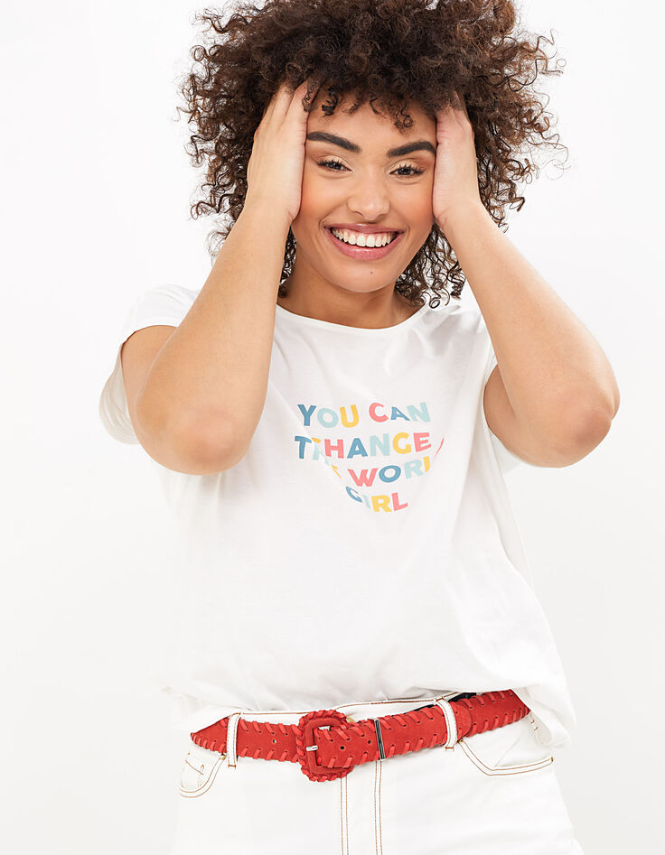 I.Code off-white organic T-shirt with coloured slogan-2