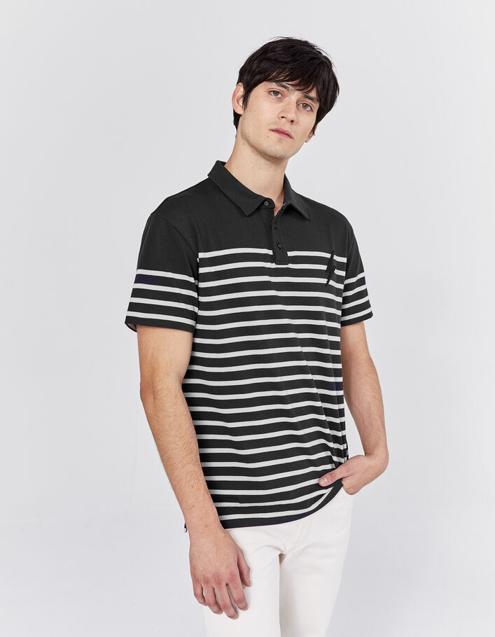 Men’s black sailor stripe polo shirt, ecru stripes & badge