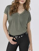 Women’s khaki mixed fabric top with striped ribbed V neck-1