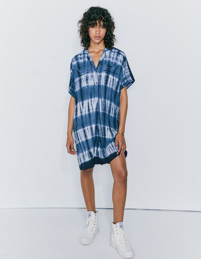 Women's blue and white tie-dye short buttoned front dress - IKKS