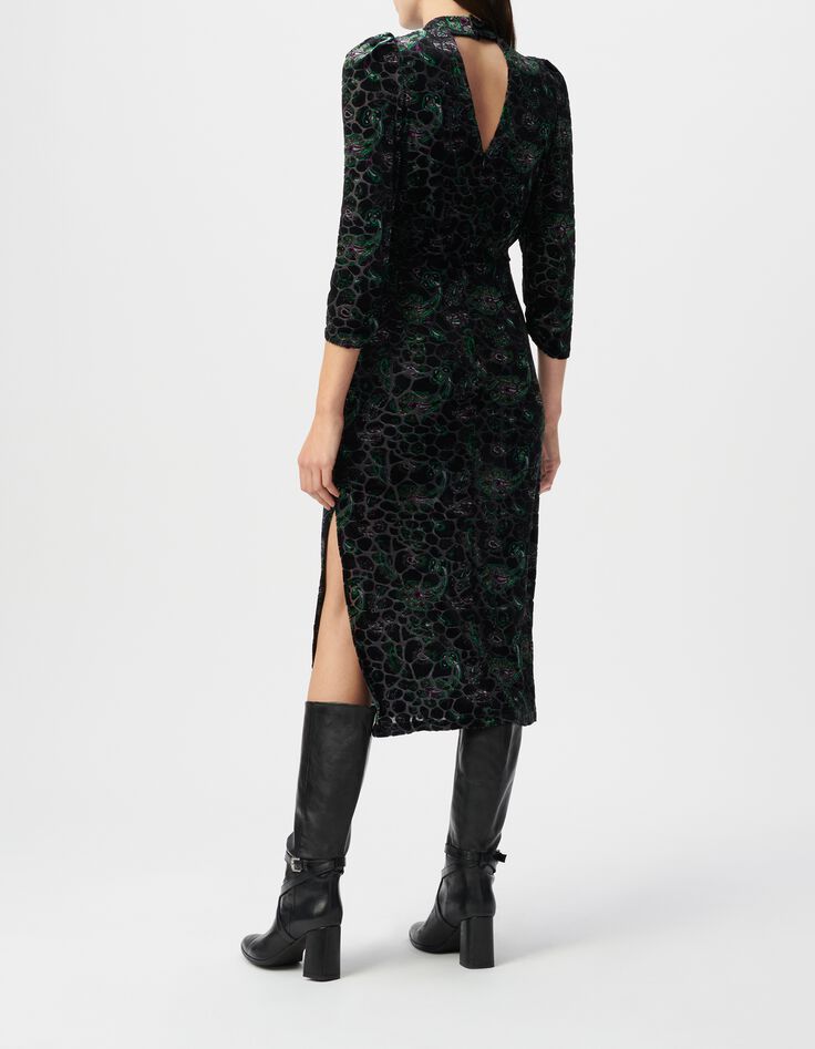 Robe noire imprimé cachemire baroque velours dévoré Femme-2 Robe noire imprimé cachemire baroque velours dévoré Femme-2