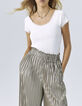 Cremeweißes Damen-T-Shirt, Rippenstrick, Spitzenrand-1