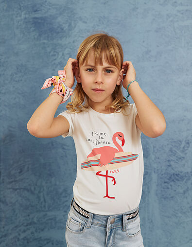 Girls' off-white flamingo-surfer T-shirt - IKKS