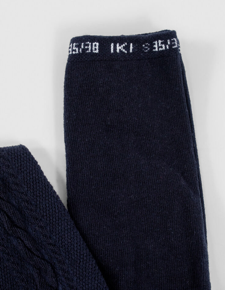 Girls’ navy knit tights with cable knit down legs-3