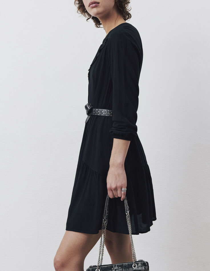Vestido ancho negro rejilla y volantes mujer-5
