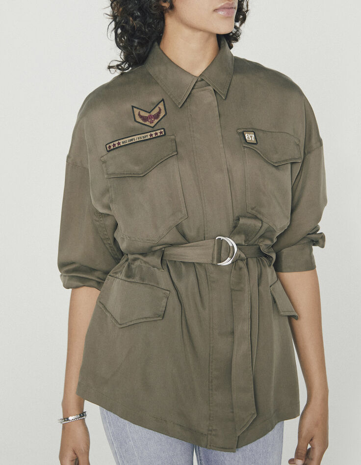 Women’s khaki tencel safari jacket, army badges and belt-1