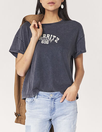 Women’s grey worn-out organic cotton T-shirt, white slogan - IKKS
