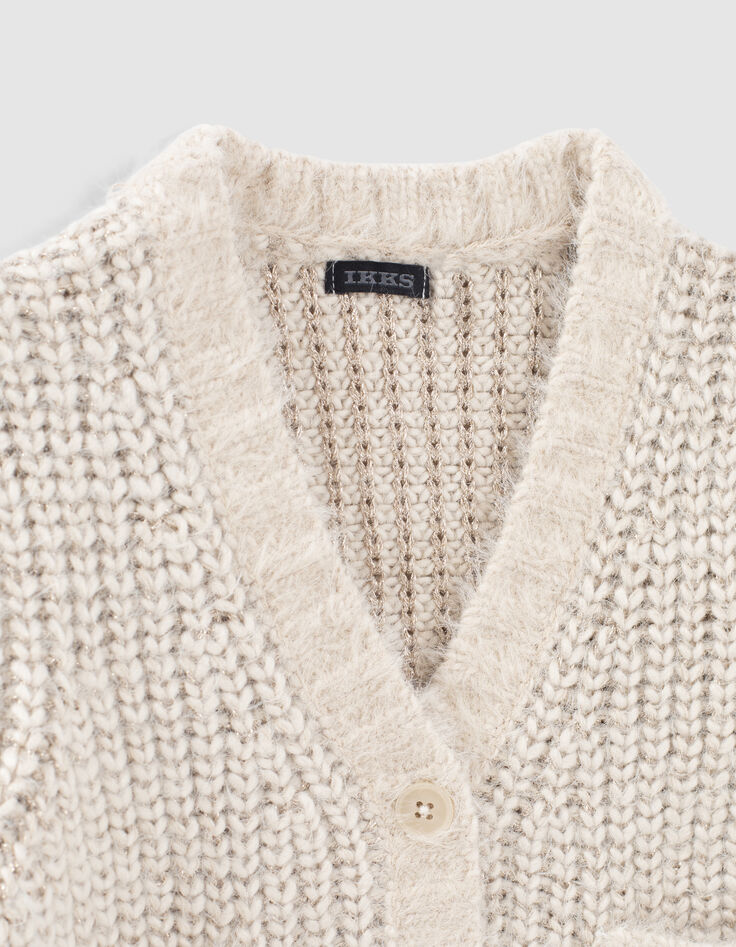 Cremewei&szlig;e M&auml;dchenstrickjacke mit Lurex-Verzierung-3