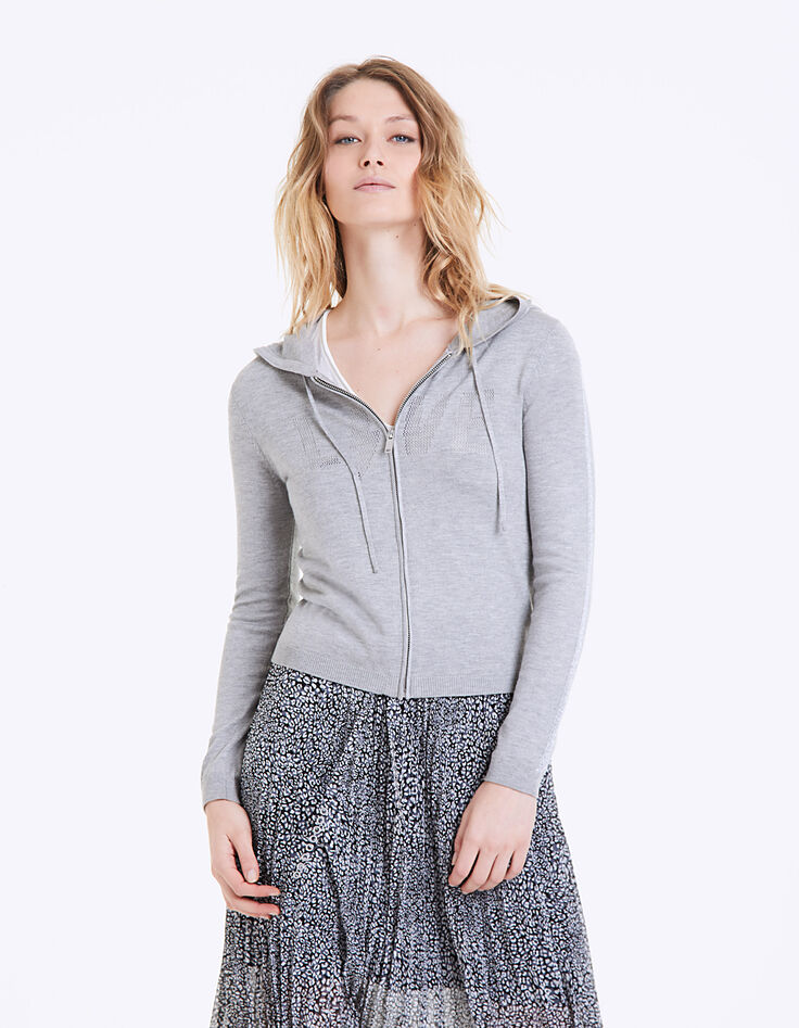 Cardigan zippé gris à capuche visuel Love femme-2 Cardigan zippé gris à capuche visuel Love femme-2