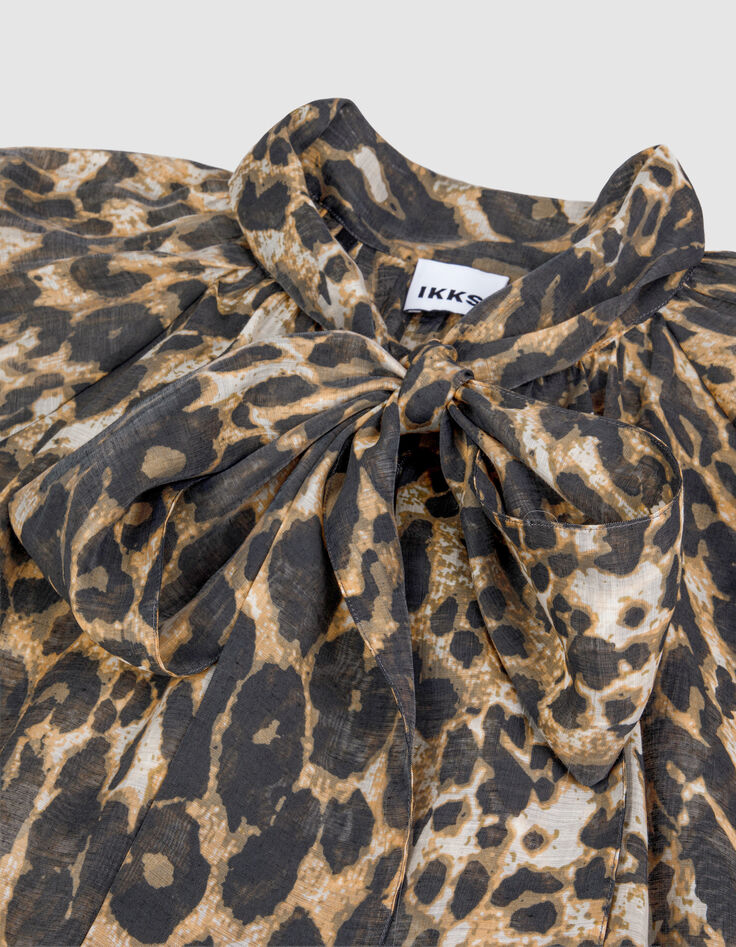 Blouse marron col lavalli&egrave;re motif l&eacute;opard Femme-8