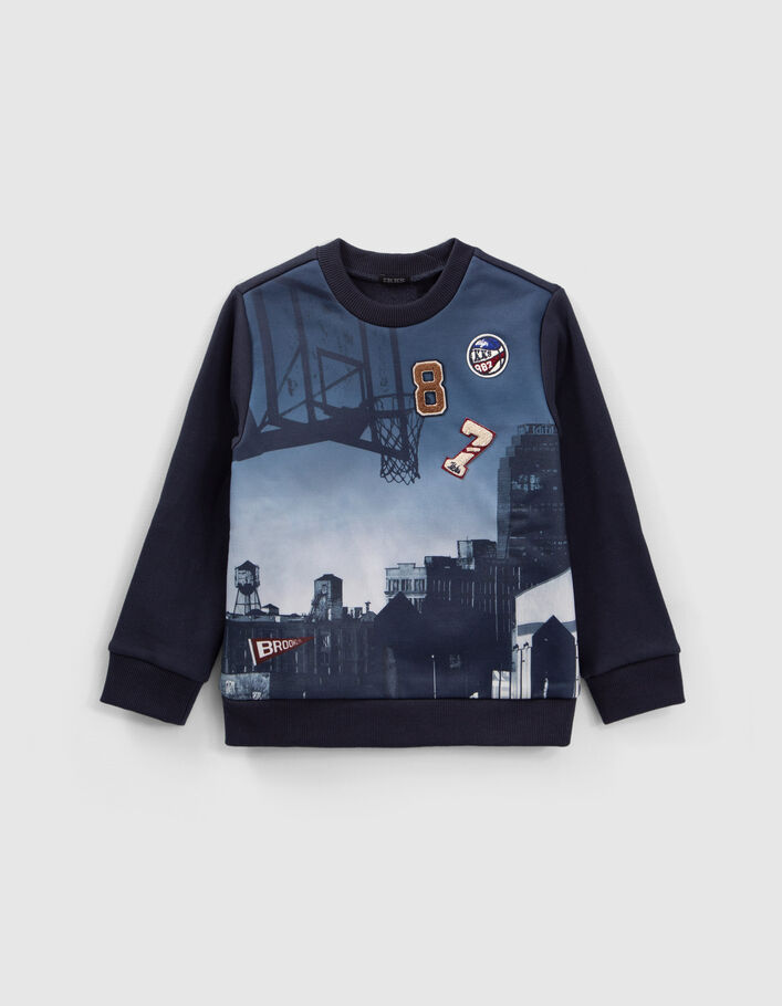 Boys’ navy sweatshirt with buildings and badges image-2