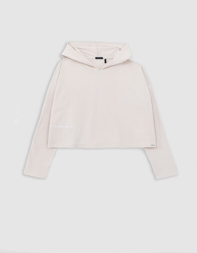 Beigefarbenes M&auml;dchen-T-Shirt mit Kapuze aus Rippstrick - IKKS