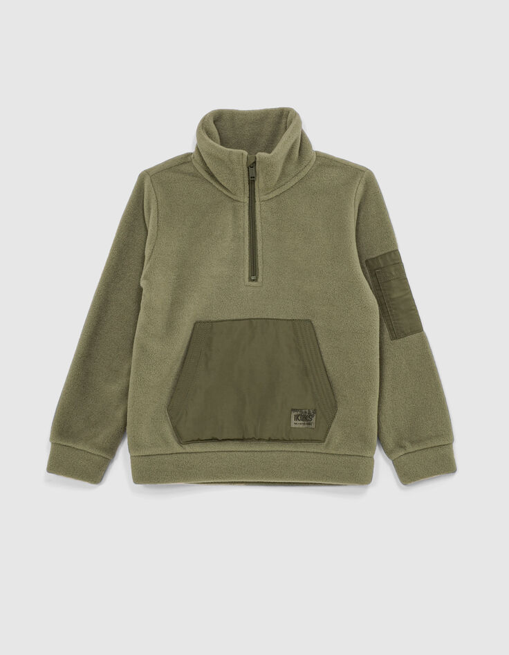 Sudadera caqui polar cremallera y bolsillo canguro niño -3