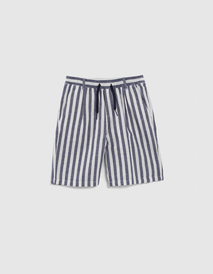 Boys' navy Bermuda shorts with ecru stripes-1
