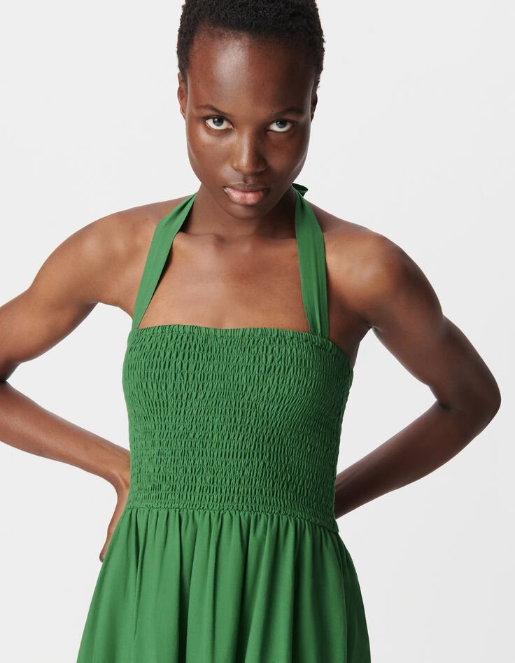 Grünes trägerloses gesmoktes Midikleid für Damen-2