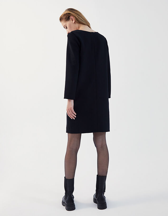 Vestido recto negro de crepé con escudo y cuentas mujer-3
