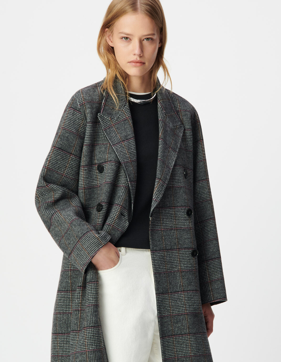 Women's grey check double-breasted long coat