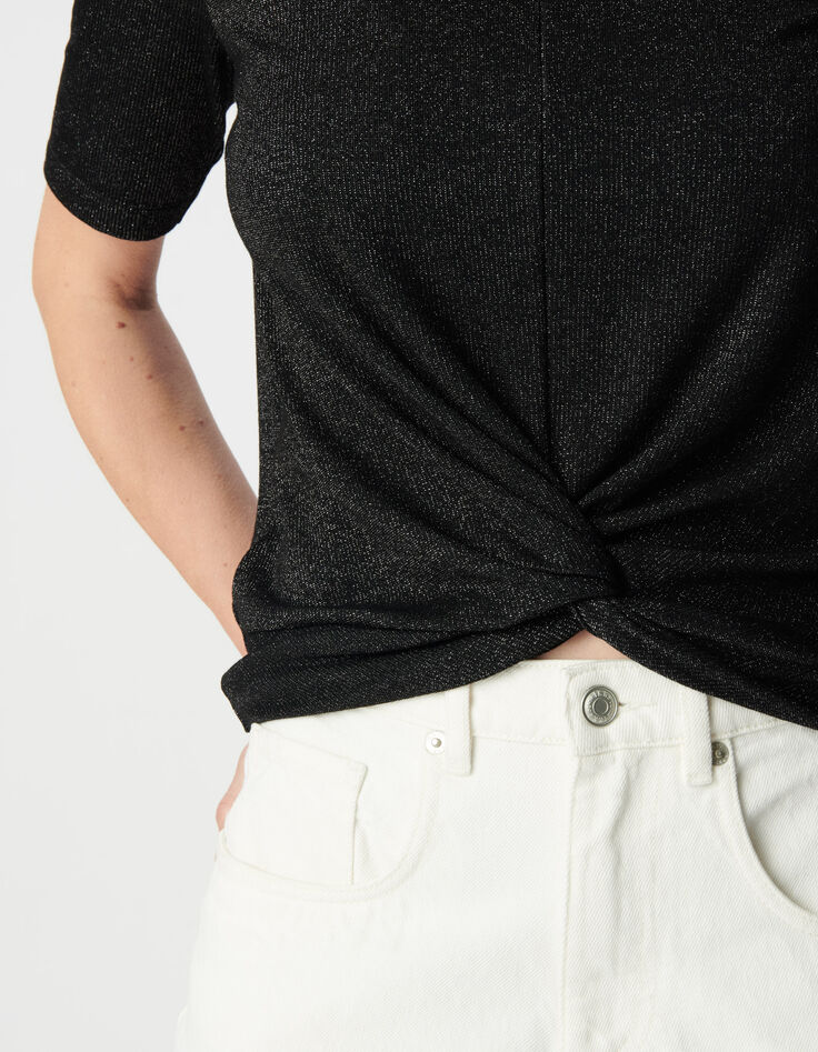 Camiseta negra de lentejuelas con efecto drapeado y lazo Mujer-4