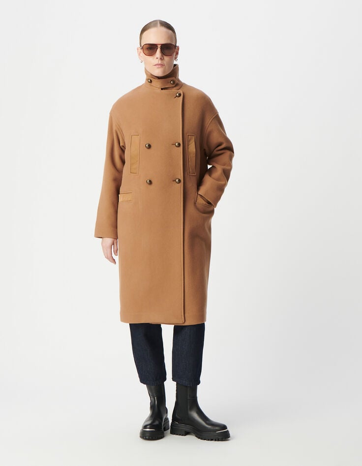 Langer camelfarbener Erbsenmantel für Damen mit abgesteppten Nylondetails-4 Langer camelfarbener Erbsenmantel für Damen mit abgesteppten Nylondetails-4
