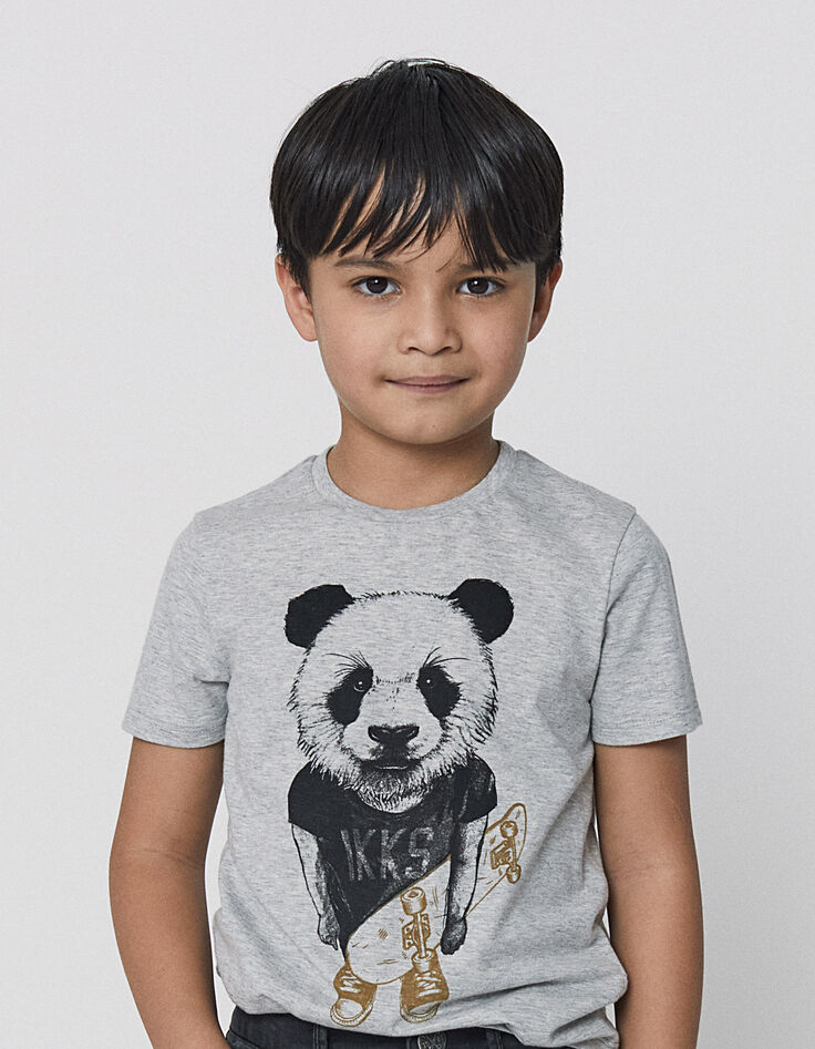 Tee-shirt gris chiné moyen visuel panda-skateur garçon -1