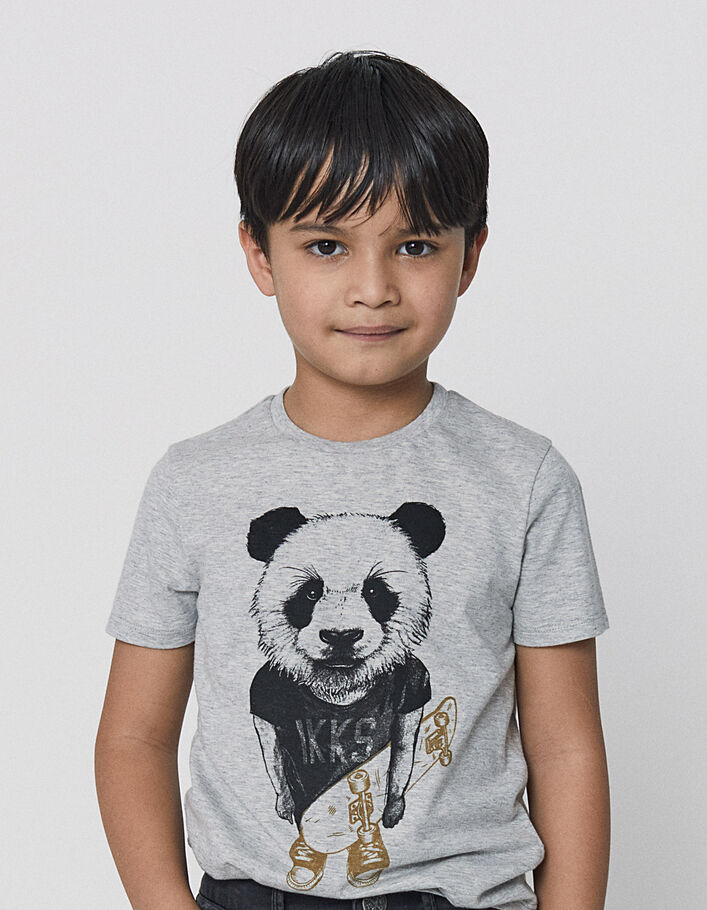 Boys’ medium grey marl panda-skateboarder graphic T-shirt - IKKS