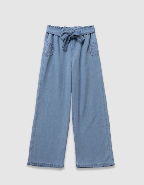 Blue maxi flowing jeans with embroidery on girls' sides - IKKS