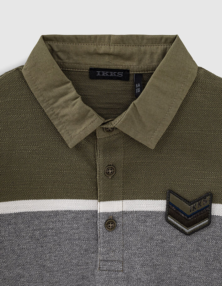 Boys’ khaki shirt collar polo shirt with grey stripe  - IKKS