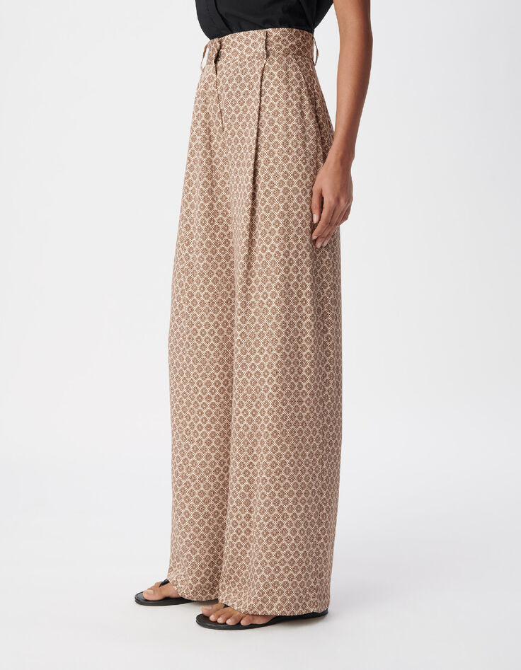 Pantalon large beige motif g&eacute;om&eacute;trique Femme-4