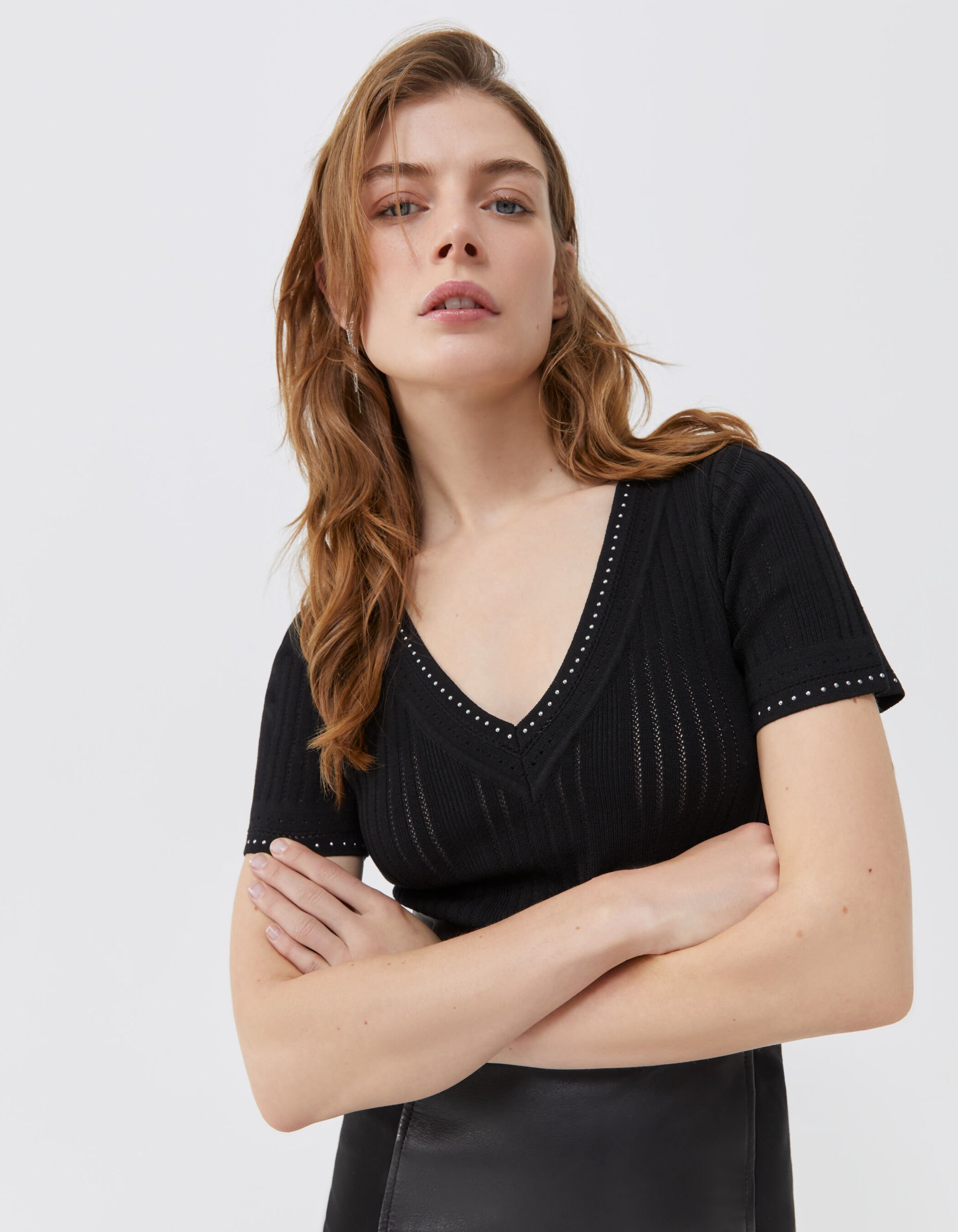 Women s black knit studded ribbed knit sweater